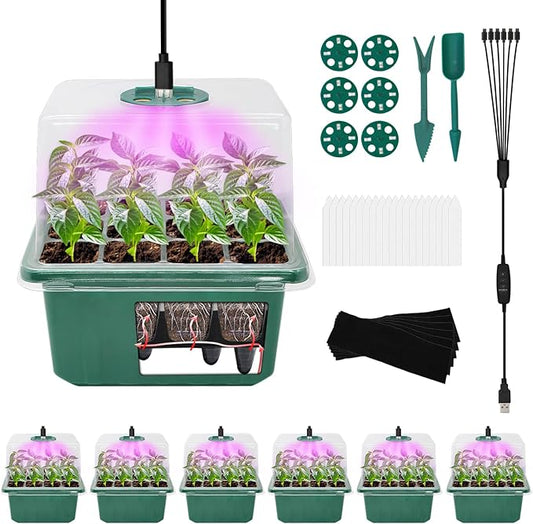 6 Pack Self Watering Seed Starter Tray Kit with Grow Light and Humidity Dome 72 Cell Plant Seedling Tray Reusable Plastic Germination Trays for Indoor Gardening Seeds Growing Starting