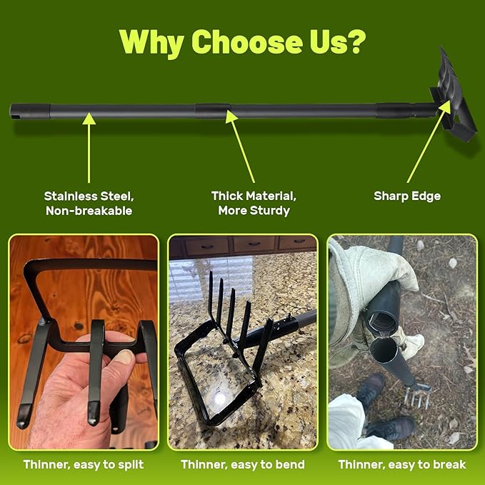 Stirrup Hula Garden Hoe with 4 Tines Rake, 2 in 1 Yard Weed Puller Gardening Weeding Tools, Garden Tiller Cultivator with 62.6" Adjustable Handle for Garden Weeding,Seeding,Ditching,Loosening Soil