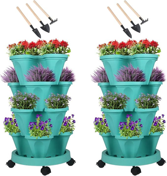 Vertical Planter 4 Tier Stackable Planters Garden Planters Strawberry Herb Flower and Vegetable Planter Indoor Outdoor Gardening Pots with Removable Wheels and Tools