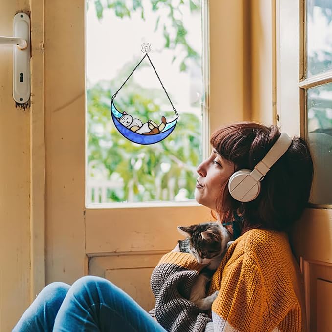 BOXCASA Sleeping Cat Stained Glass Windown Hanging,Cat on Moon Beautiful Handcrafted Sun Catcher Gifts for Daughter,Mothers Day,Christmas and Cat Lover