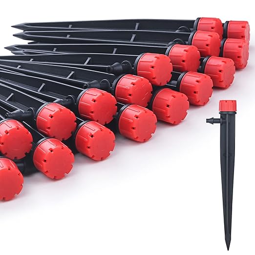 100pcs Drip Irrigation Emitters for 1/4" Drip Irrigation Tubing,Adjustable 360 Degree Water Flow Drippers on 5" Arrow Stake, Garden Irrigation Drippers for (4-7mm) Watering System Kit
