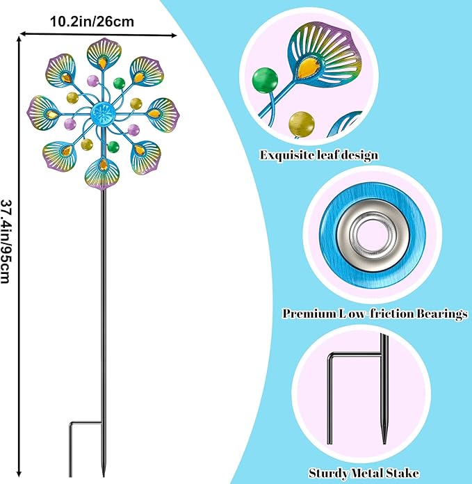 Peacock Wind Spinner Outdoor, Standing Wind Sculpture Yard Art Decorations, Metal Windmill for Patio Lawn & Garden Decor (1pcs-Blue Green)