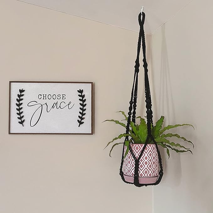 Mkono Macrame Plant Hanger Indoor Hanging Planter Basket with Wood Beads Decorative Flower Pot Holder No Tassels for Indoor Outdoor Boho Home Decor 35 Inch, Black, Set of 1 (POTS NOT Included)