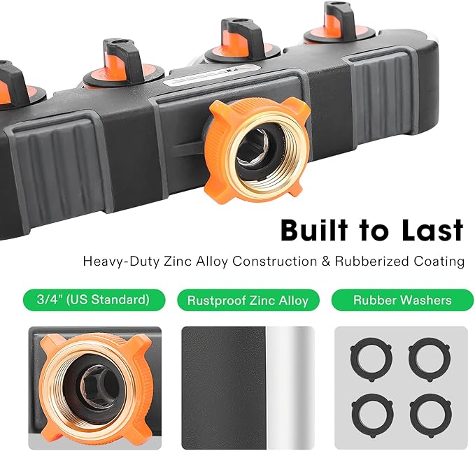 VIVOSUN Garden Hose Splitter 4 Way, Heavy Duty Water Hose Connector 3/4", Water Hose Manifold, Faucet Adapter with Comfortable Rubberized Grip for Drip Irrigation, Lawns