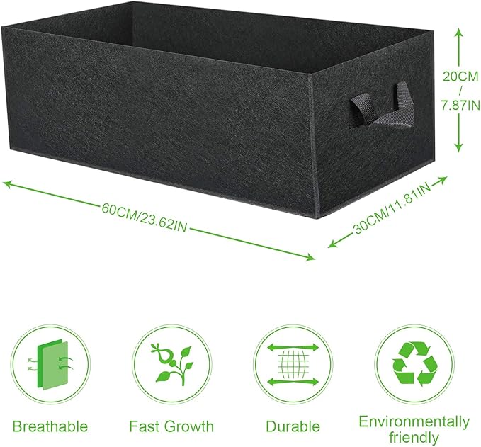 ANGELIOX 3-Pack Grow Bags, 10 Gallon Heavy Duty 300G Thickened Nonwoven Fabric Raised Garden Bed Square Flower Planter Containers for Carrot Onion,Flowers,Fruit/Growing Pots with Handles(60x30x20cm)