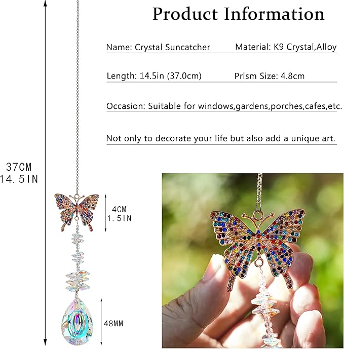 Suncatcher with Crystals,Colorful Crystal Butterfly Rhinestones Suncatcher Window Hanging,Crystal Prism Hanging Ornament,Rainbow Maker Decoration for Home, Garden, Wedding, Party & Christmas