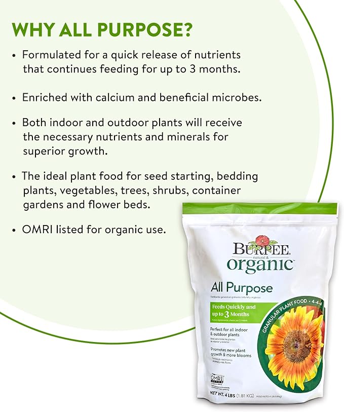 Burpee Natural Purpose Granular 4-Lb Organic Food for Growing Strong Plants | Good for Vegetable Garden, Flower Garden & Seed Starting, 4 lb, 4lb. Bag