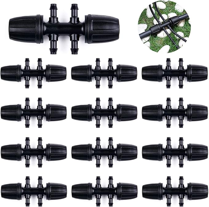 Kalolary Barbed Tee for 5/16” to 1/4” Irrigation Tube, 20PCS Anti-Drop Drip Irrigation Hose Fittings for 8/12mm 4/7mm PE Pipe Lock Female Connectors for Micro Spray Parts 6-Way Adapter Watering System
