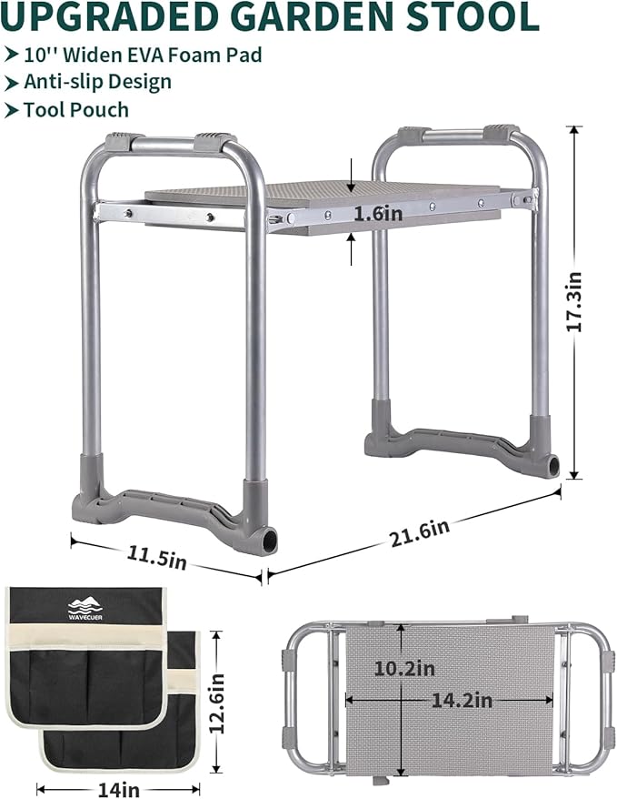 Garden Kneeler and Seat, Foldable Garden Stool 10.2" Width, Heavy Duty Knee Seat for Gardening with 2 Tool Pouches & Gloves, Gardening Accessories for Women, Grandparents, Seniors (Black)