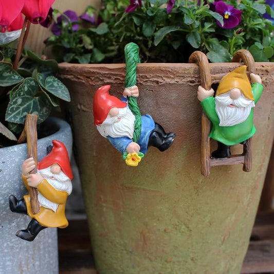 Set of 3 Garden Gnome Statues for Plant Pots Whimsical Climbing Dwarf Figurines Outdoor Garden, Patio, and Home Decor (A)