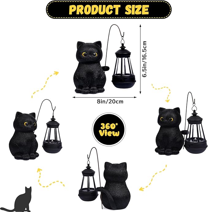 Solar Garden Statue Cat Figurine, Black Cat Statues Garden Decor with LED Light Outdoor Statue for Yard Patio Balcony Lawn Ornament, Housewarming Gifts for Grandma Mom Dad