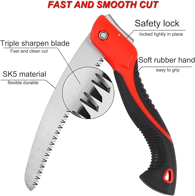 8 Inch Heavy Duty Pruning Saw, Folding Hand Saw with SK5 Curved Blade, Triple-cut Razor Teeth Used for Trees Wood Cutting Camping Gardening Work, Hiking, Landscaping, Tree Trimming