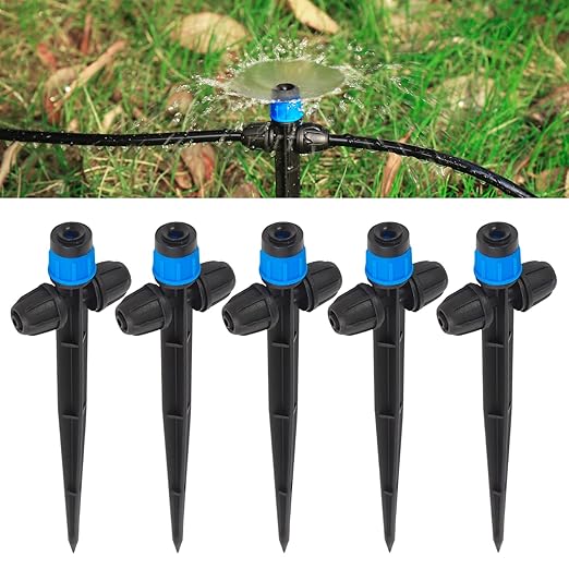 Drip Irrigation Emitters Fan Shape with Stake Adjustable 360Deree Fan Sprayer with Lock Barbed Ideal for (4-7mm) Garden Hose Watering System(25Pcs Drip Irrigation Blue)