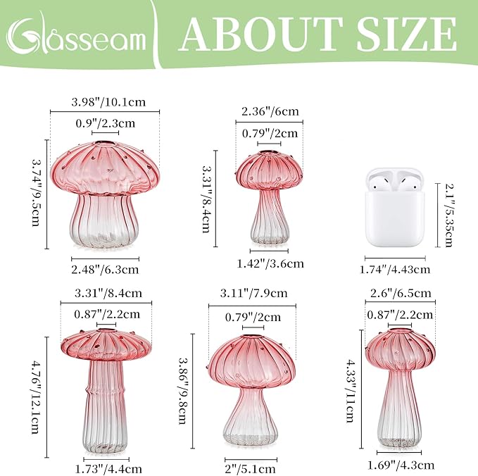 Glasseam Mushroom Plant Propagation Stations: Pink Glass Terrarium Jar Set of 5 Cute Planters for Indoor Plants Decorative Propagate Vase Unique Gifts for Women Home Office Decor