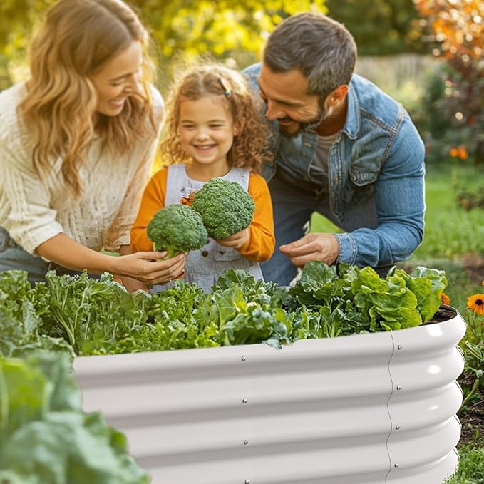8x2ft Oval Galvanized Raised Garden Bed Kits 16" Tall Outdoor Large Metal Modular Planter Box 9-in-1 Raised Beds for Gardening,Vegetables,Fruits,Flowers & Herbs (White)