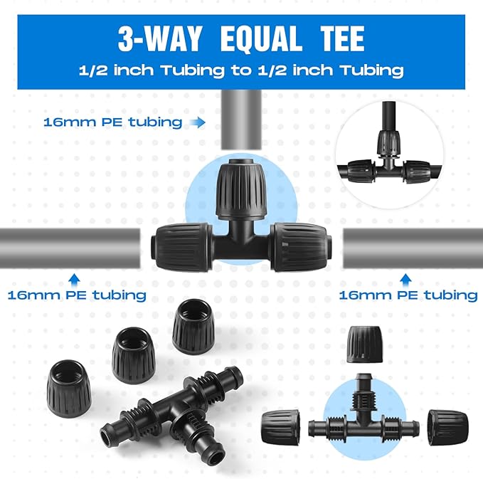 Frienda 40 Pcs 1/2 Inch Drip Irrigation Lock Barbed Tee Tubing (1/2" IDx0.6-0.63" OD) 16mm Fittings Drip Irrigation Parts Anti Drop Locked Reducing Tee for Hose, Blue and Black