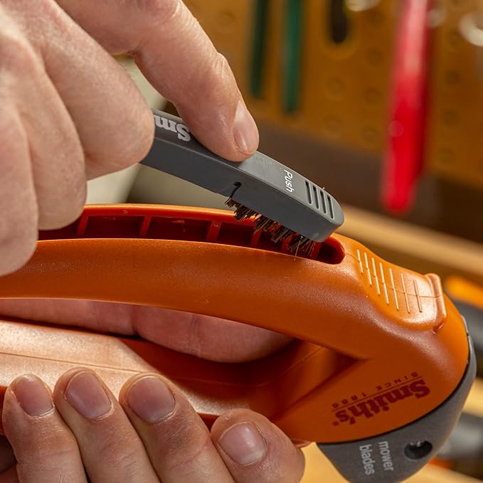 Smith’s 50603 Handheld Lawn Mower Blade Sharpener - Oversized Handle & Large Safety Guard - Durable Plastic - Easy to Use - Wire Cleaning Brush - Preset Carbide Blade - Gardening Lawn Care Tools