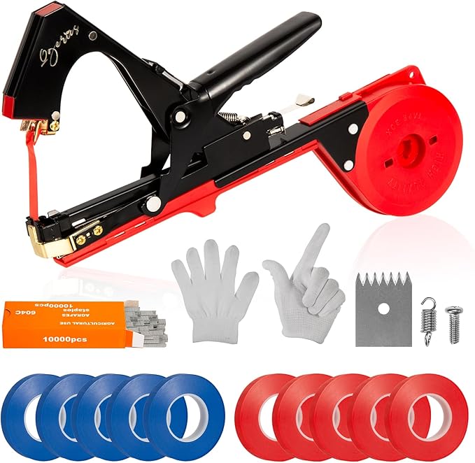 Plant Tying Machine,New Update Lightweight Plant Tying Tape Tool to Tie Up Vine Quickly, Plant Tie Tapener Gun with Tapes and Staples Red