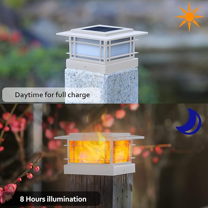 Dynaming 4 Pack Solar Flame Post Lights Outdoor, Solar Powered Fence Post White Shell Cap Light, High Brightness Flickering Flame LED Lighting for Garden Deck Patio, Fit 4x4 5x5 6x6 Vinyl/Wooden Posts