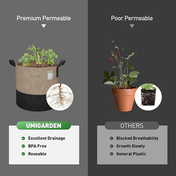 UMIG 12 Pack 10 Gallon Grow Bags, 300G Thick Non-Woven Fabric Cloth Smart Planter Pots with Handles, Black Camel Large Outdoor Garden Bags for Plants, Vegetable, Flowers
