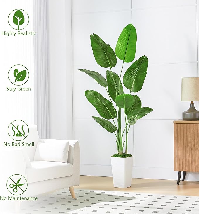 Lifelike Bird of Paradise Silk Artificial Plant Faux Banana Leaf Tree for Home Decor - Perfect Indoor Floor Plant with 9 Trunks (1, Black Planter, 6.6 FT)
