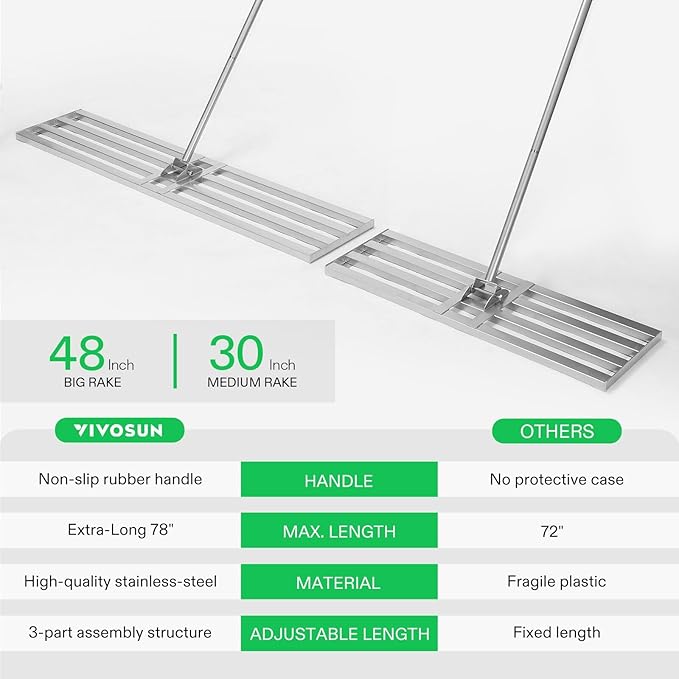 VIVOSUN 48" Lawn Leveling Rake, 48" x 10" x 78" Heavy-Duty Stainless Steel Lawn Leveler with 7FT Adjuatble Long Handle for High Effect, Metal Levelawn for Smooth Soil, Rustproof Rakes for Garden Yard