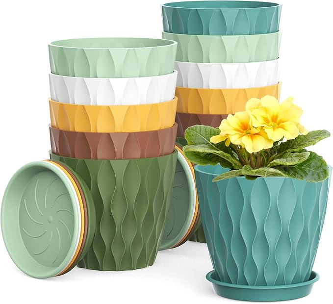 12 Pack 4 Inch Small Plant Pots with Saucers, 3D Textured Plastic Planters with Drainage Holes for Indoor and Outdoor Plants, Flowers, Herbs, Succulents, and Seedlings, Colorful