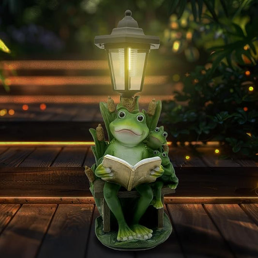Frog Garden Statue with Solar Lantern - 16“ Outdoor Solar Lights Frog Figurine for Outside, Yard, Patio, Lawn Decor, Housewarming Gifts for Women, Mom