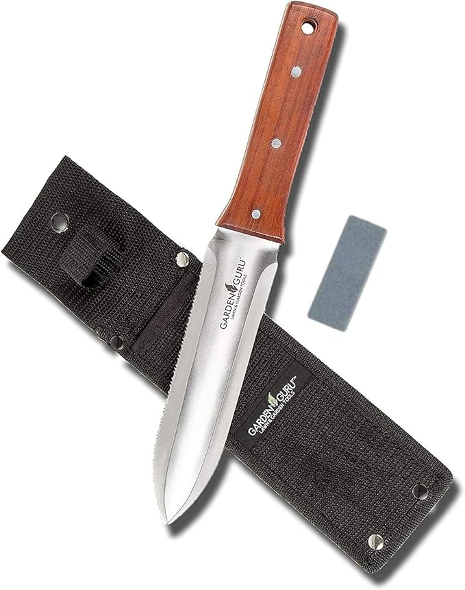 Garden Guru Hori Hori Garden Knife Deluxe Set for Weeding, Digging, Pruning, and Cultivating - Stainless Steel Full Tang Blade | Marks for Measuring Planting Depth | Nylon Sheath for Storage