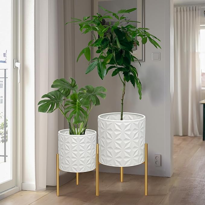 ARNIS Modern Planter Pots, Set of 2 Large Planters with Stand, Decorative Planters, Metal Pots with Drainage Holes for Living Room, Office, Garden or Balcony, 8.25 &10.5 Inch, Matte White