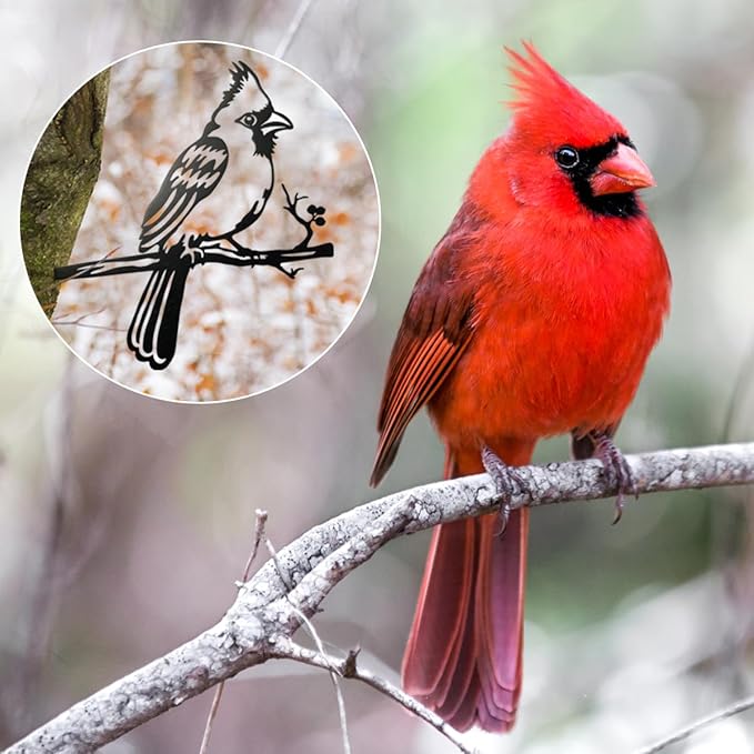 Metal Bird Christmas Cardinal Garden Decor，Tree Decor Outdoor Metal Wall Art Large，Cardinal Gifts Figurine Unique Yard Art，Garden Silhouette ，Garden Sculptures and Yard Art