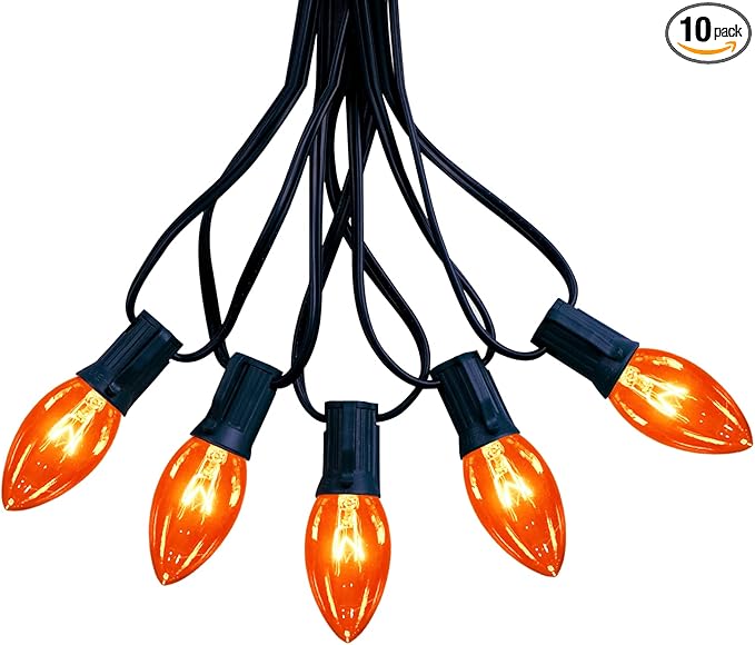 C9 Clear Orange String Light, 25Ft Outdoor Halloween Light String with 25 Clear Edison Bulbs, C9 Vintage Glass Hanging Lights for Patio Halloween Party Holiday Decor, C9/E17 Base, Black Wire