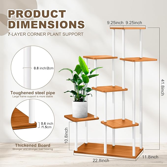 7 Tier Wood Tall Plant Stand Metal Rack Indoor, Multiple Flower Pot Holder Shelves Corner Rack, Planter Shelf Display Rack Storage Organizer for Patio Living Room Balcony Garden(White)