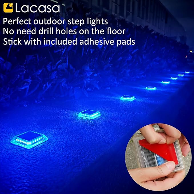 Lacasa Solar Deck Lights, 4 Pack 30LM LED Dock Lights Blue Light, Outdoor Solar Powered Step Lights Light up All Night IP68 Waterproof Auto ON/Off for Garden Stairs Driveway Pathway Lighting