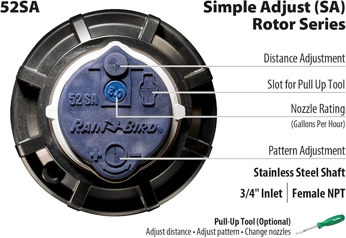 Rain Bird 52SA Simple Adjust Stainless-Steel Gear Drive Rotor, Adjustable 40° - 360° Pattern, 25' - 50' Spray Distance