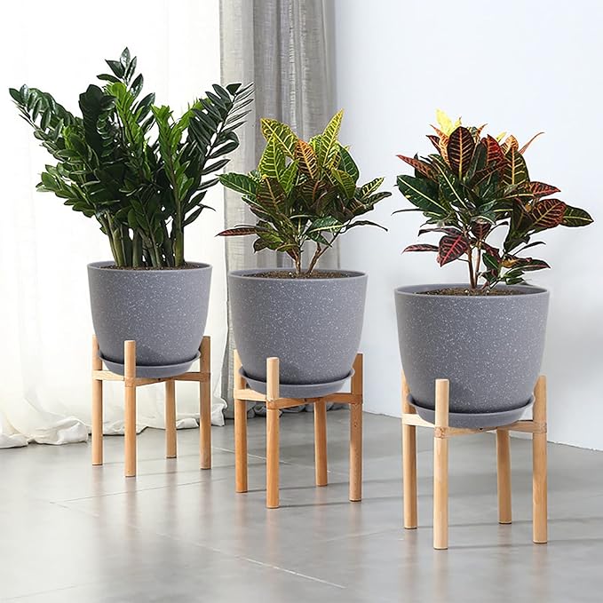 WOUSIWER Plant Pots 10/9/8 inch, Set of 3 Modern Decorative Plastic Planters with Drainage Holes and Saucers for House Plants Indoor Flowers Plants, Grey Speckles