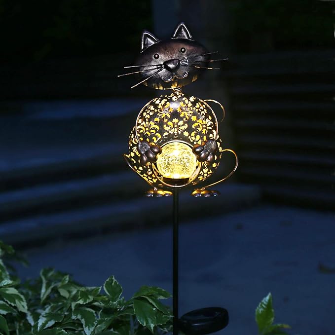 KAIXOXIN Garden Solar Lights Metal Cat Crackle Glass Globe Stake Light Waterproof Warm White LED Solar Path Lights (Cat-Bronze)