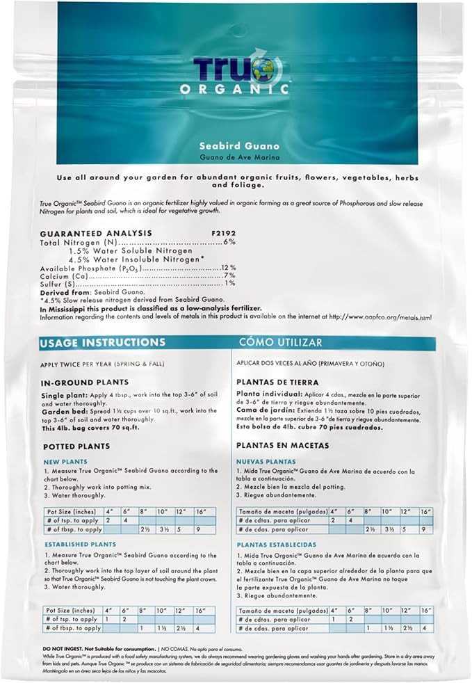 True Organic Seabird Guano – Organic Fertilizer for Abundant Fruits, Flowers, Vegetables, and Foliage – 4lb Bag Covers 70 Sq. Ft.