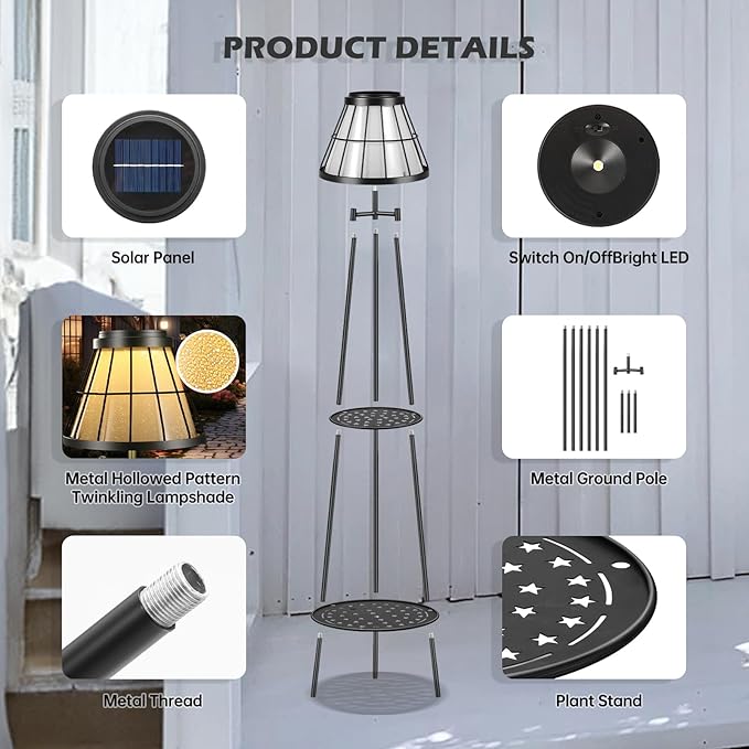 2 Pack Solar Lights Outdoor with Plant Stands, Solar Floor Lamp Street Lights Metal Tripod Patio Lights for Garden Yard Pathway Driveway Front/Back Porch Decoration