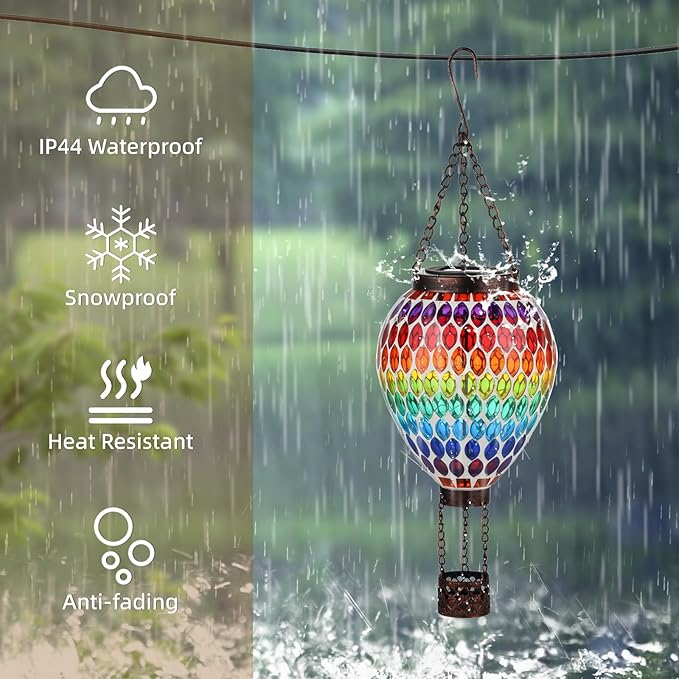 VOREEN Hot Air Balloon Solar Lantern, Mosaic Solar Outdoor Hanging Wind Light, Waterproof, Patio Festive Decor, Easter Gifts for Mom Father Grandma, Rainbow Pattern