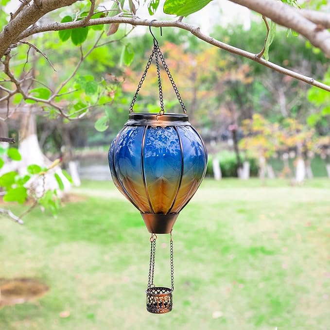 pearlstar Hot Air Balloon Solar Lantern with Flickering Flame Light, Outdoor Solar Hanging Lights Waterproof for Garden Yard Patio Farmhouse Decoration,Stained Glass Blue