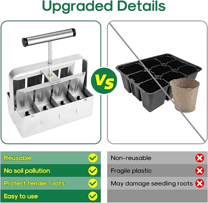Upgraded Soil Blocker, 8 Cell Seed Blocker 2 inch Quad Soil Block Maker Manual with 3 Types of Seed Pins,Hand-held Soil Blocking Tool for Seed Stater Tray Outdoor Plants