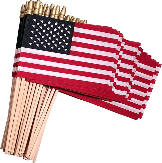 American Flags on Stick - Handheld Spearhead US Flag for 4th of July, Memorial Day Event Decorations - Patriotic Decor for Indoors & Yard - Wooden Stick, Cotton Fabric - (4"X6" - 144 Pack)