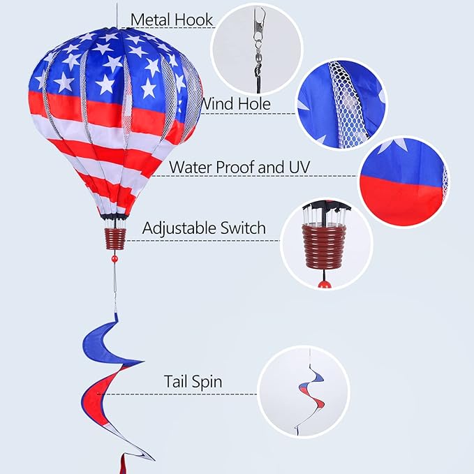 BATTIFE 2Pcs Patriotic Hot Air Balloon Wind Spinner, American Flag Kinetic Wind Twister with Tail, Outdoor Spiral Windmill Garden Yard, 4th of July Hanging Decoration