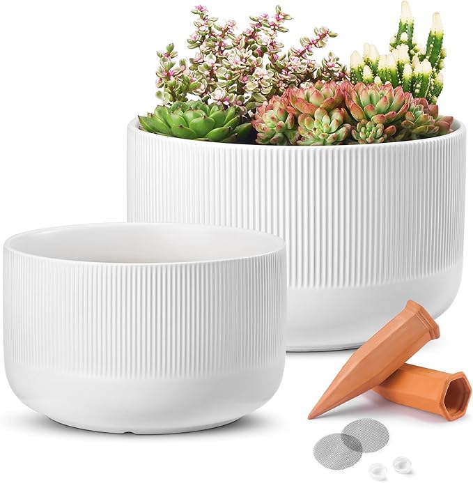 Ceramic Plant Pots, 10+12 Inch Large Planters for Indoor Plants, Modern Flower Pots with Watering Devices, Stylish and Functional,Set of 2, White