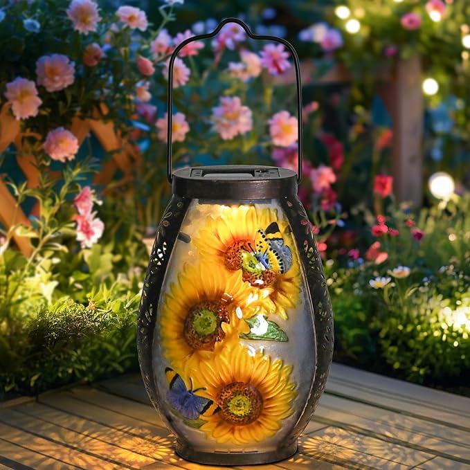 MUMTOP Solar Lanterns Outdoor Waterproof Sunflower Solar Powered LED Lights Hanging Solar Lantern Metal Decorative for Patio Table Garden Outside Yard Backyard