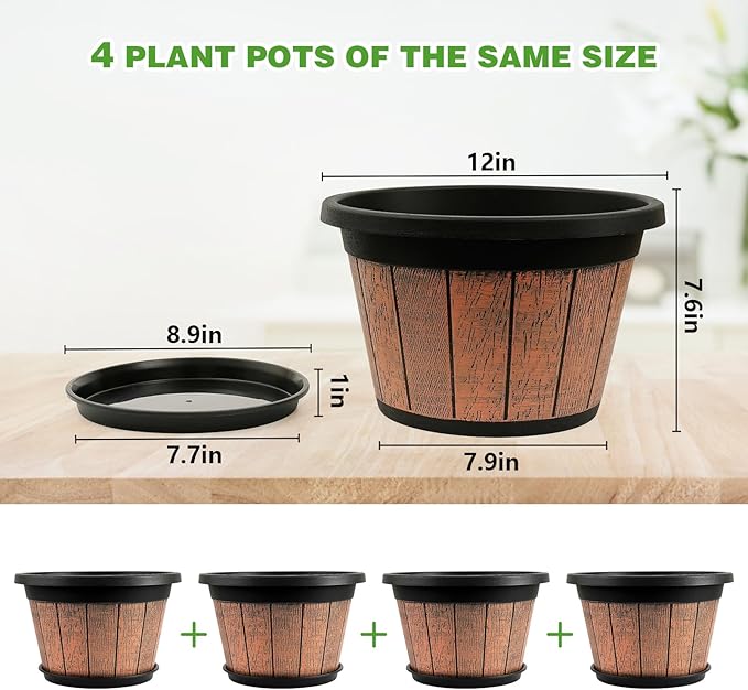 Quarut 4 Pack 12 inch Plant Pots,Whiskey Barrel Planters with Drainage Holes & Saucer,Plastic Decoration Flower Pots Retro Design,Planters for Outdoor Indoor Garden Home Plants (Brown)