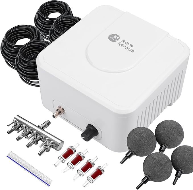AquaMiracle Pond Aeration Kit Pond Air Pump Koi Pond Aerator for Pond up to 3000 Gallons Pond Deicer All-in-One Pond Aeration System with 4-Outlet Airline Tubing Air Stones Check Valves