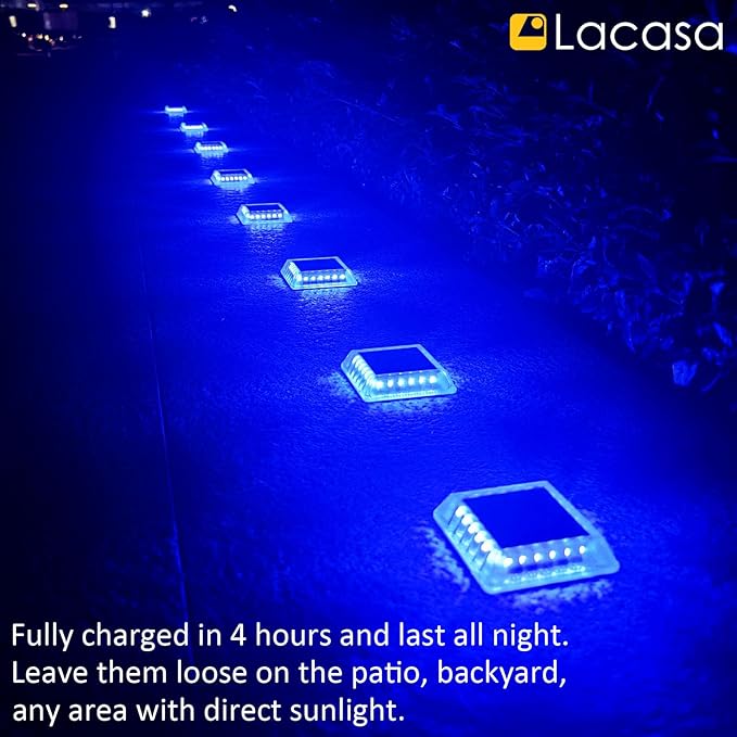 Lacasa Solar Deck Lights, 4 Pack 30LM LED Dock Lights Blue Light, Outdoor Solar Powered Step Lights Light up All Night IP68 Waterproof Auto ON/Off for Garden Stairs Driveway Pathway Lighting