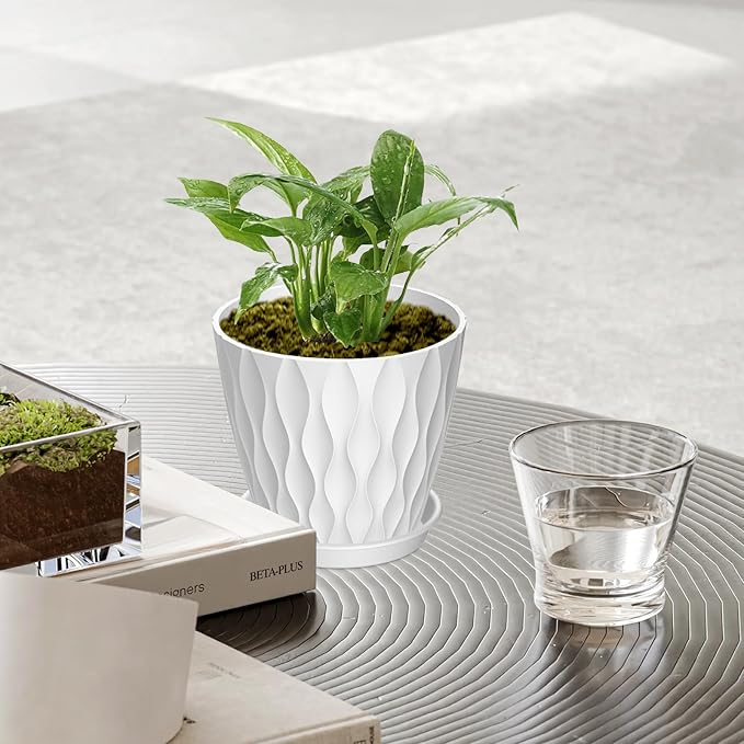 6 Pack 4 Inch Small Plant Pots with Saucers, 3D Textured Plastic Planters with Drainage Holes for Indoor and Outdoor Plants, Flowers, Herbs, Succulents, and Seedlings, White